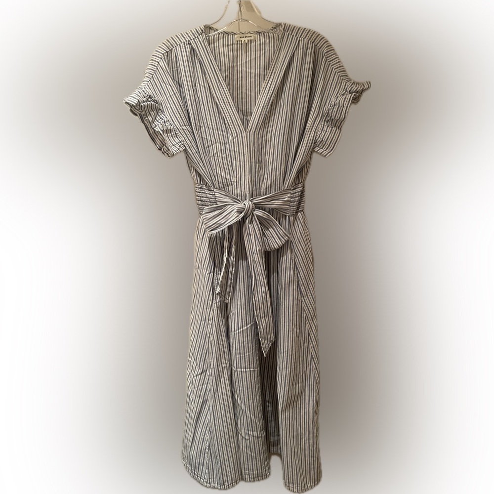Max Studio Navy and White Striped Midi Dress